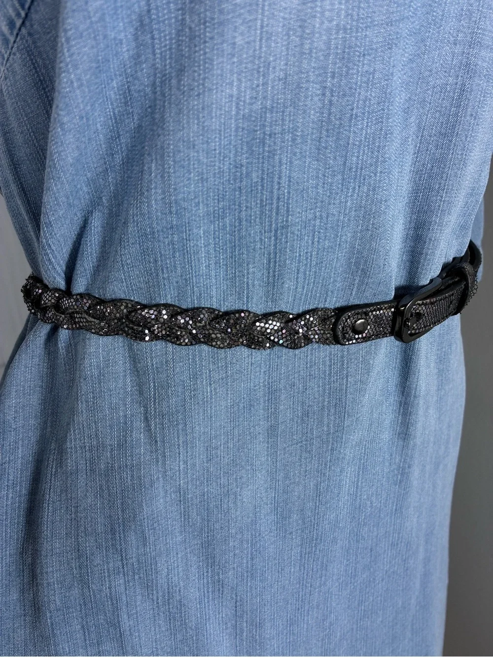 Women's belt 34” Sparkle Black Faux Leather Iridescent Finish braided